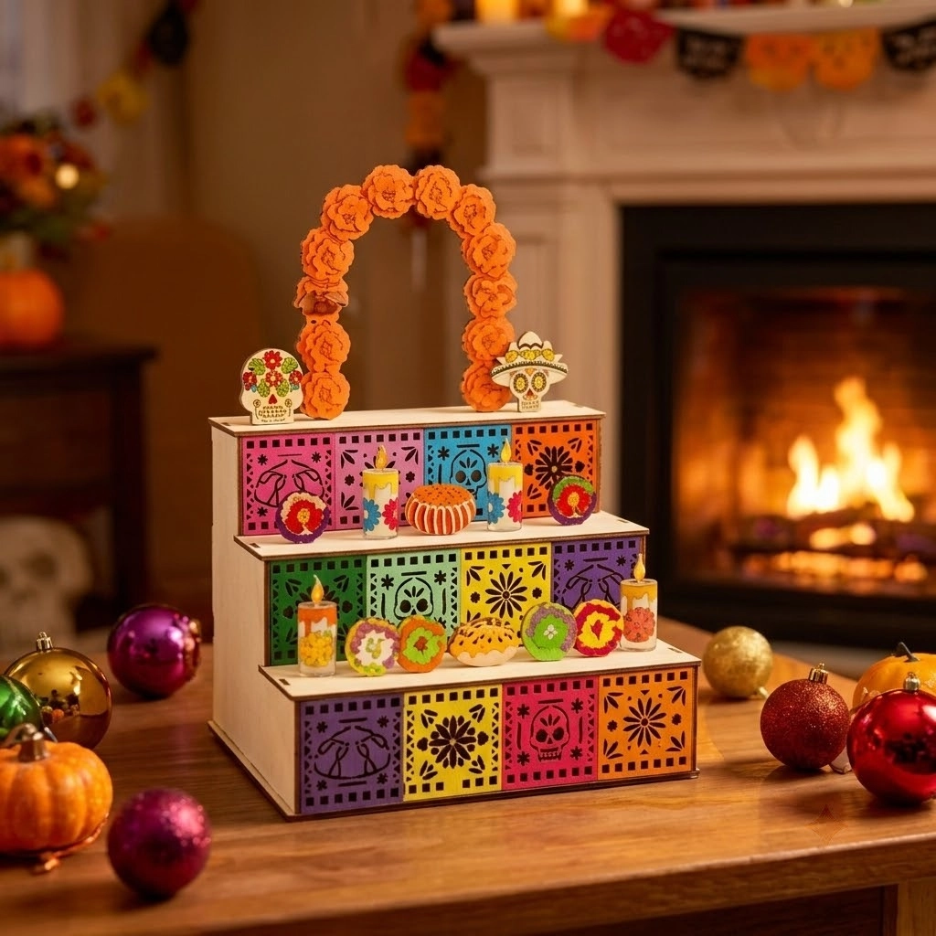 Unique Mexican Wooden 3-Tier Altar Box, Day of The Dead Ofrenda Shadow Box